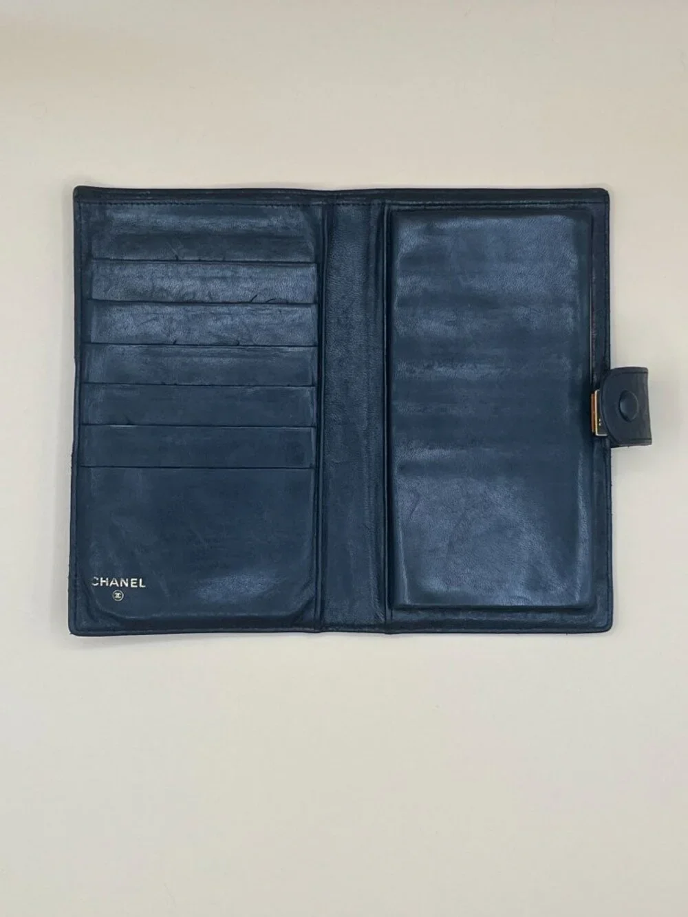 CHANEL Vintage Black Lambskin CC Logo Long Bifold Wallet Gold Kisslock w/ Card